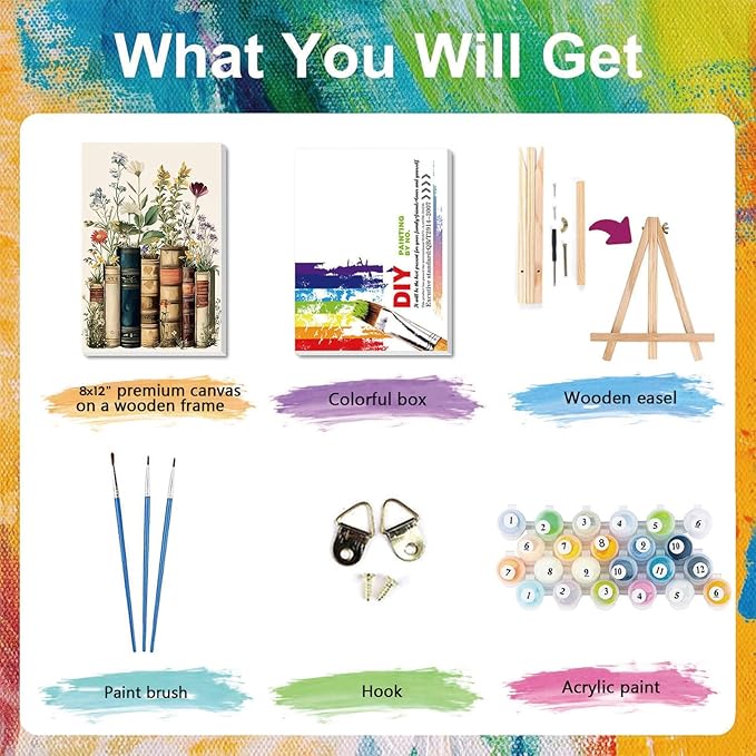 xackcme Book Paint by Numbers for Adults with Framed Canvas - with Wooden Easel, Flowers Paint by Number on Canvas, DIY Books Acrylic Oil Painting Kits with Brushes for Home Wall Decor (8x12 inch)