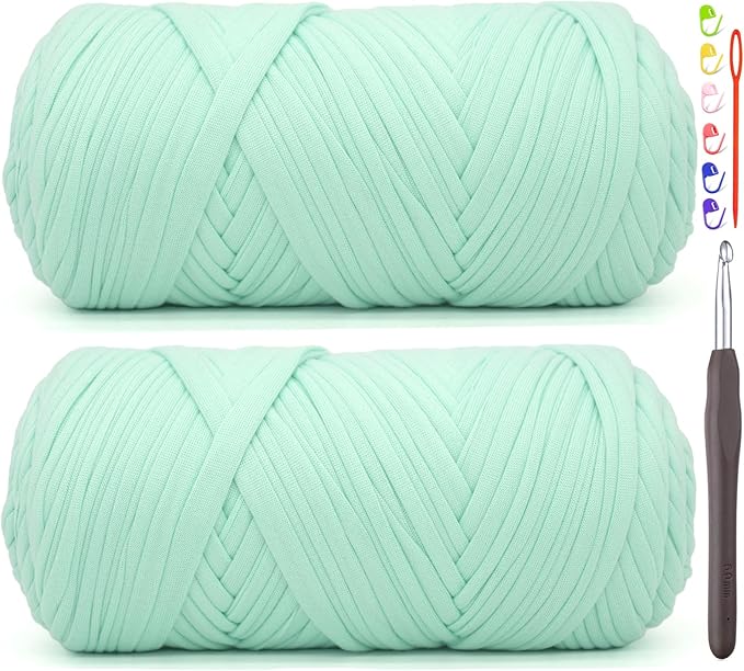 2 Pack Tshirt Yarn for Crocheting,Green T Shirt Chunky Elastic Fabric Thick T-Shirt Crochet Yarn for Beginners Crocheting Hand Knitting Bag/Basket/Coasters/DIY Crafts/Home Decor 2 * 200G(Mint Green