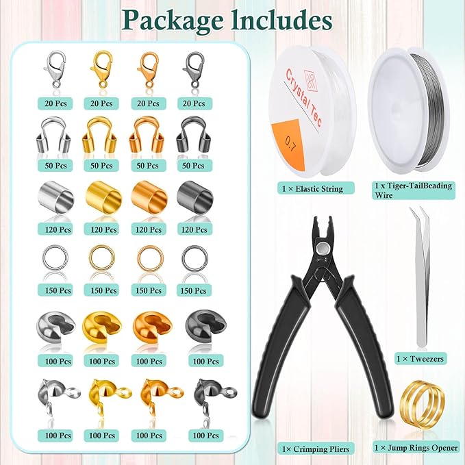 Acejoz 2160 Pieces Crimp Beads Kit for Jewelry Making, Incliding Knot Covers, Crimp Bead Covers, Crimp Tubes, Jump Rings,Wire Guardians, Crimping Pliers, Elastic String for Bracelets Necklaces Making