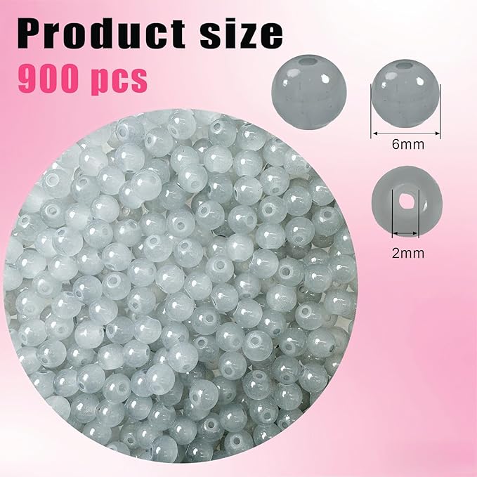 6mm Round Glass Beads for Jewelry Making, 900Pcs Glass Seed Beads for Bracelets, DIY Crafts (Light Grey)