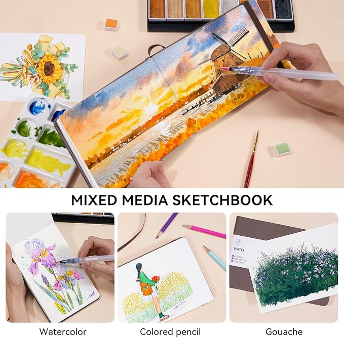 Lightwish Watercolor Journal, 100% Cotton Cold Press Watercolor Paper Sketchbook 7.6” x 5.3”, 20 Sheets (140lb/300gsm), Acid-Free for Watercolors, Gouache, Acrylics