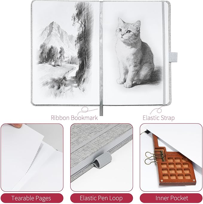 Vienrose 8.7"x5.7" Sketch Books, Linen Cover Hardbound Sketching Book with Acid-Free Paper, Drawing Pad for Kids, Beginners & Professionals, Art Supplies for Adults & Students(Grey, 60 Sheets)