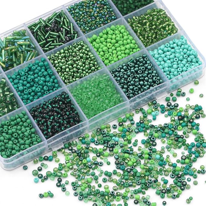Mix 15 Color Glass Seed Tube Beads Glass Bugle Beads Loose Kit for Jewelry Making DIY Craft Beading (Mix 15 Color, Green)