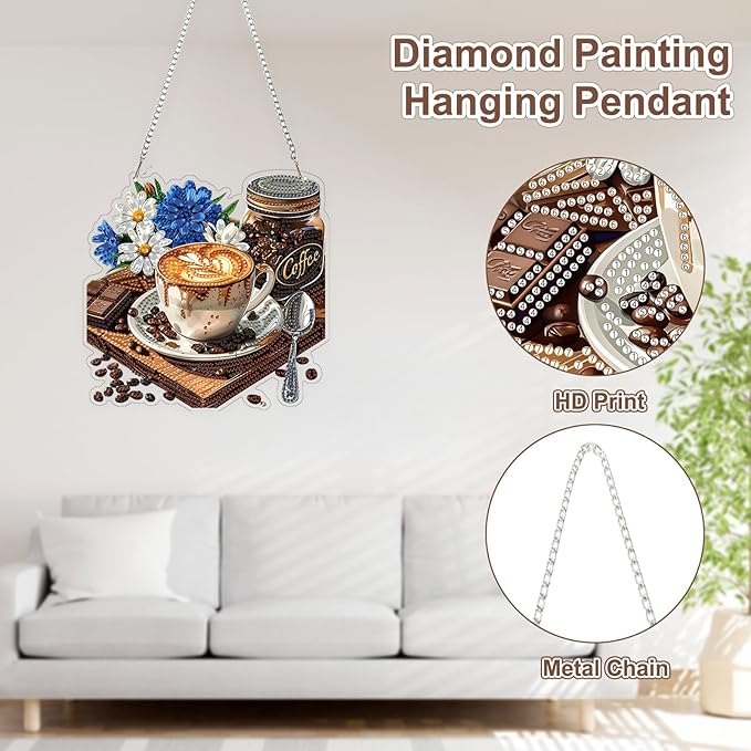 TOSTOG Cappuccino Sign Diamond Art Pendant Kits for Adult, Blue Diamond Painting Hanging Kit for Beginners, 5D DIY Crafts Gem Art, Waterproof Full Accessories for Home Decor Idea 20 * 20 cm/8 * 8 in