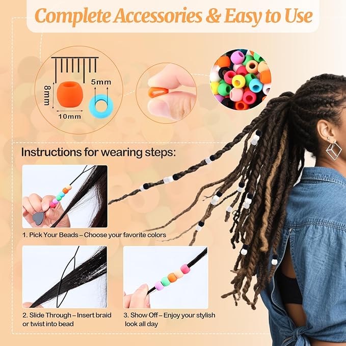 AD Beads 216PCS 6x9mm DIY Soft Pony Silicone Beads for Hair, Black + White Series with 80 Elastic Bands, Tool and Storage Box Kit for Braids, Bracelet, Crafts.