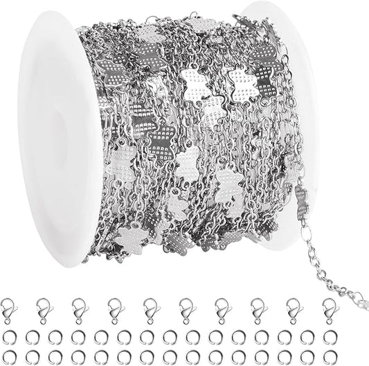 GTVOODX 16.4 Feet Butterfly Links Cable Chain Silver Stainless Steel Chain Spool Bulk for DIY Bracelet Necklace Jewelry Making Supplies with 10 Lobster Clasps and 30 Jump Rings