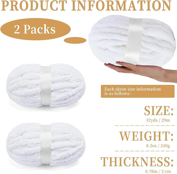 Chunky Chenille Yarn for Crocheting/Arm Knitting, Super Soft Jumbo Knit Blanket Yarn White 2 Pack (32 yds, 8.5 oz Each Pack)