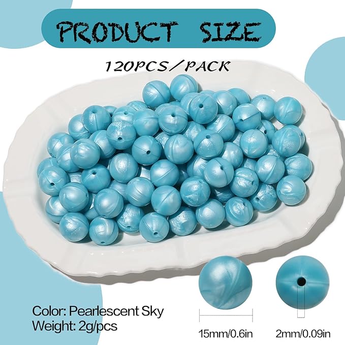 120pcs Richbunnys 15mm Bulk Silicone Beads for Pens and Keychain Making,Large Bead for Necklace and Bracelets Making,Assorted Rubber Beads Set（Pearlescent Sky）