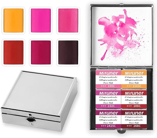 Mini Portable 6-Color Solid Watercolor Paint Set for Adults & Artists, High Tinting Strength Travel Art Kit for Beginners and Professionals, Half Pans (Each Capacity Approx 1.5ml).Red Pink