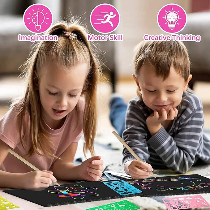 smasiagon valentines gifts for kids - scratch paper art set: 2 pack notebooks arts supplies and crafts for kids ages 3 4 5 6 7 8 9 10 girls boys toys easter basket stuffers birthday party favor games