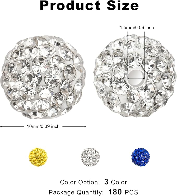 256Pcs 10mm Rhinestone Beads Kit 3 Colors, Round Sparkle Disco Ball Rhinestone Beads Set with Cross Charms and Accessories for DIY Baseball Necklaces Bracelets Earrings Jewelry Making