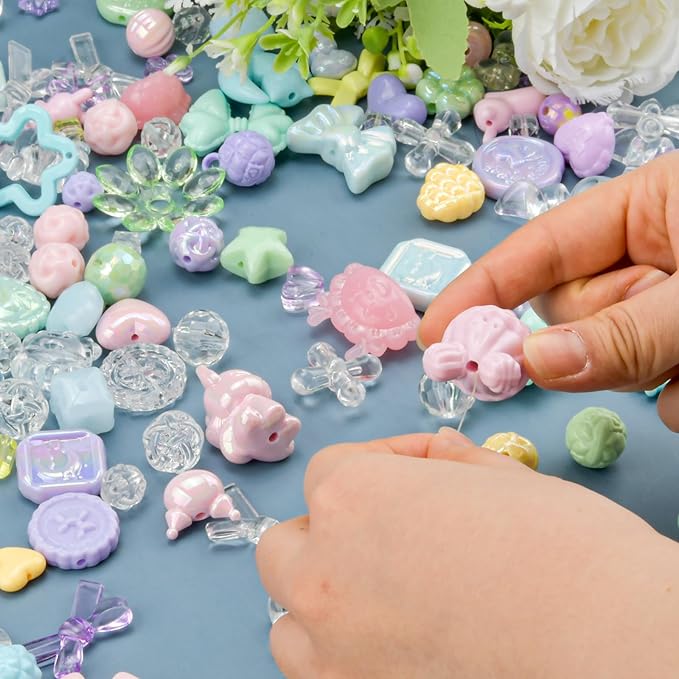 ABONDEVER 245-300Pcs Assorted Acrylic Beads for Bracelets Making Cute Star Bow Flower Candy Heart Gummy Bear Butterfly Aesthetic Beads for DIY Jewelry Crafts Keychain Necklace Phone Charms(5 Colors-A)