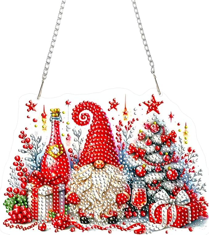 EMIEAUFG Christmas Diamond Art Hanging Kit for Adult, Christmas Gnome Diamond Art Pendants, Double Sided Acrylic & 5D Special Shaped Rhinestone, DIY Ornament for Window Home Wall Decor