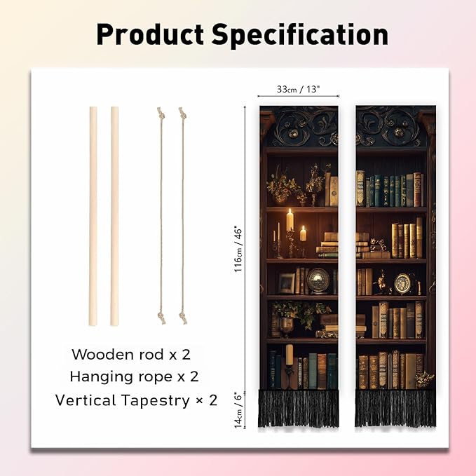 PLIGREAT 2 Pack Vintage Bookshelf Tapestry with Tassel Classic Library Wall Tapestry Vertical Wall Hanging for College Dorm Bedroom Living Room Long Narrow Home Hanging Decor, 46" x 13"