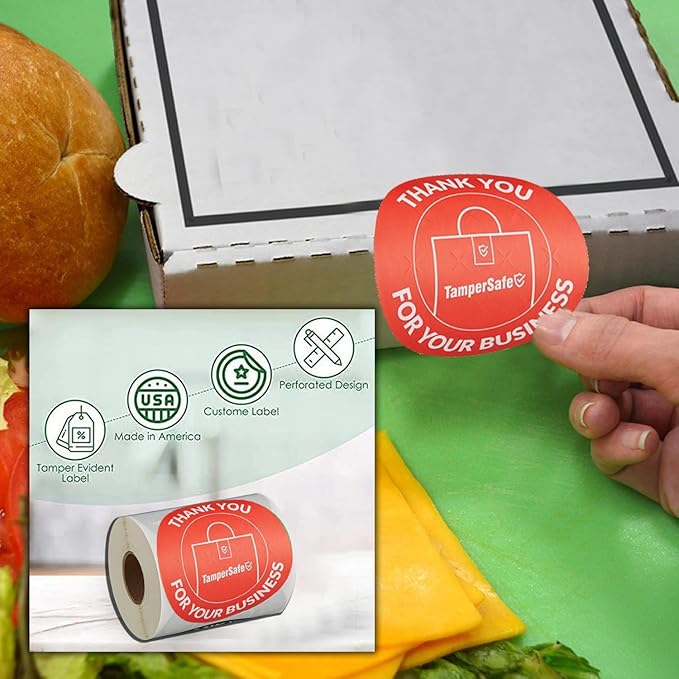 angel's peel lounge thank you tamper proof stickers roll — tamper evident stickers for bags, drink lids, food containers, writable adhesive seal tape, thank you labels - 3x3in 250-counts, red, round