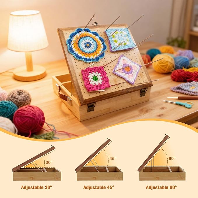 OCPO HOME 12'' Crochet Blocking Board - with Storage Drawer & 20 Pegs, Bamboo Granny Square Blocking Board for Crochet Projects, Ideal Crocheting Gifts for Crocheters