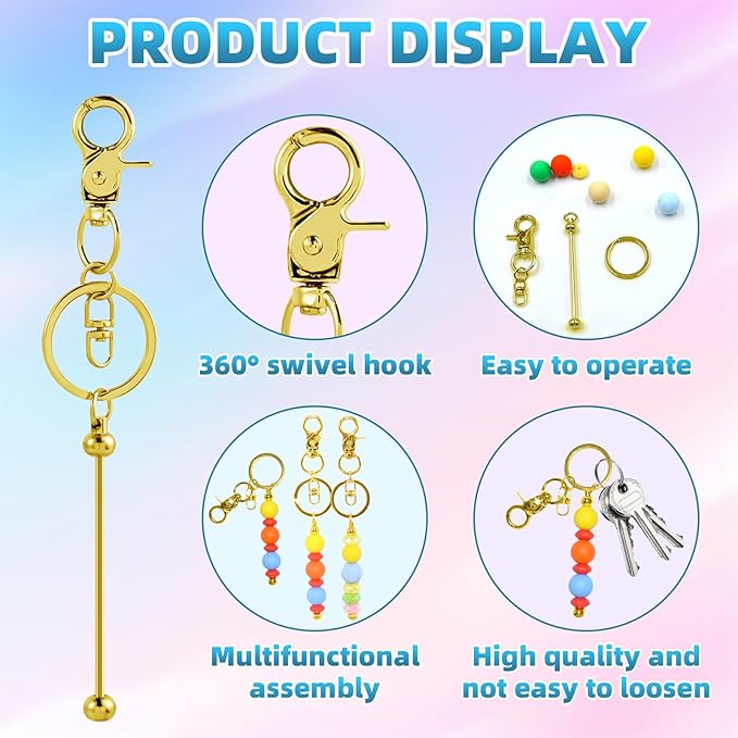 20 Pcs Beadable Keychains Bulk Kit – DIY Keychain Making Supplies with Metal Blanks for Crafts, Jewelry, Charms, Custom Projects – Blank Chain Bars for Beaded Keychain Design (Golden)