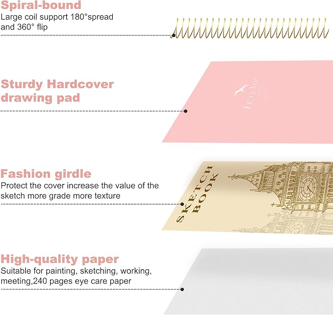 FLYING EAGLE Hardcover Sketchbook for Drawing 8.5 x 11 Spiral Sketch Book for Adults Women Kids with 100gsm 68lb 120 Sheets Premium Paper Sketch Pad for Drawing Books Notebook Art Supplies, Pink