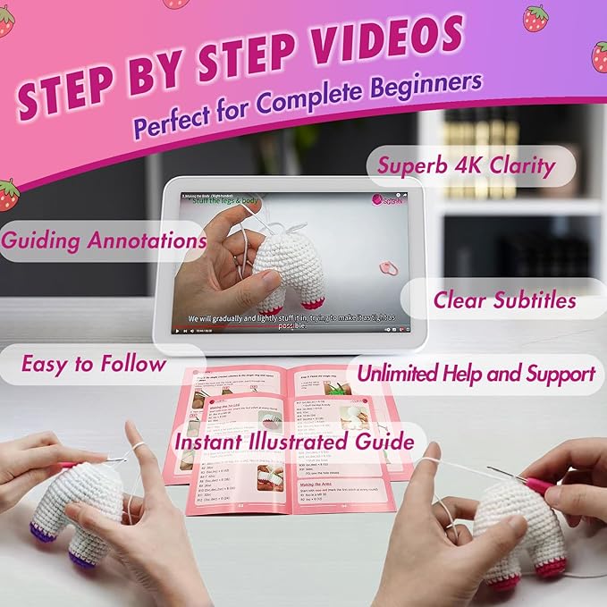 SGIBYN Crochet Kit for Beginners with Step-by-Step Video Tutorials,Beginners Starter Crochet Cow Kit for Adults,Learn to Crochet Animal Set(Strawberry Cow)