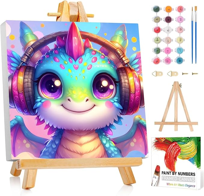 Reivworl Paint by Numbers Kit for Kids with Frame and Easel, Dragon Paint by Number for Kids Age 6-8-12, Acrylic Paint by Numbers for Gifts and Home Decor (8X8inch)