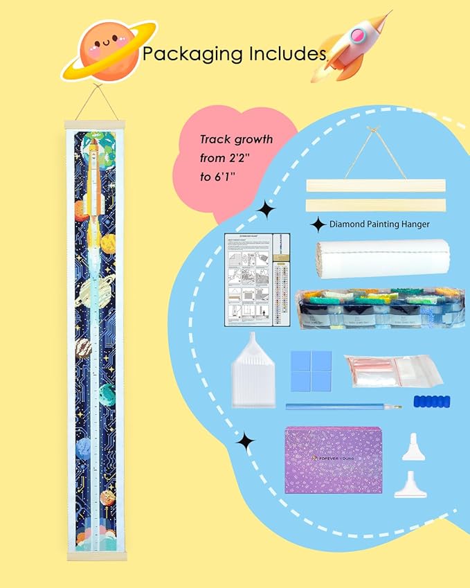 ForeverYoung DIY Growth Chart for Wall Diamond Art Kits for Kids Diamond Painting Kits for Adults, Square Drill Diamond Painting Kit, Gem Art Kit with Diamond Dots, Rocket Height Chart 52.3 x 5.1 Inch