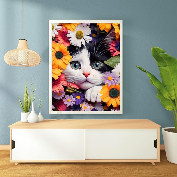 Axquilon Flower Cat Diamond Painting Kits, Full Drill Round DIY Diamond Art Kits, Paint by Diamonds Rhinestone Gem Art Craft for Home Wall Decor 12X16 inch