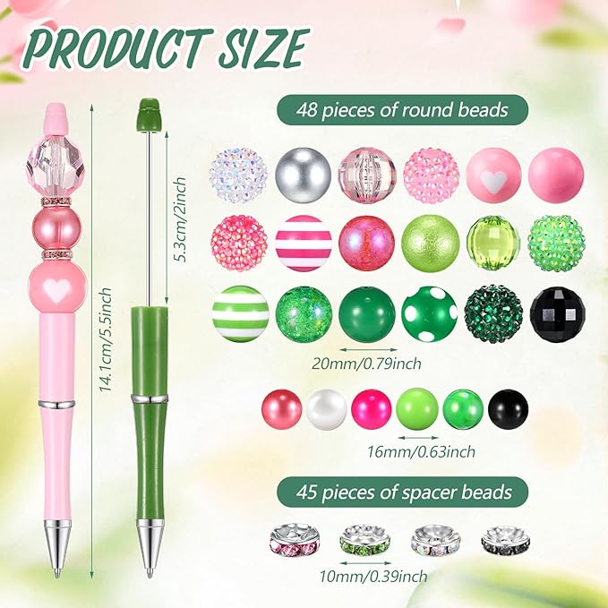 Geyee 15 Pcs Plastic Beadable Pens Assorted Bead Pens Multicolor Bubblegum Crystal Spacer Beads, Black Ink Ballpoint DIY Set, Back to School Gift for Student Summer Ocean Party Gifts(Pink Green)