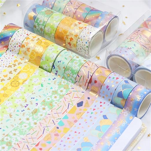 Candy Color Washi Tape Set 12 Rolls Bronzing Decorative Holiday Arts and Craft Washi Masking Tapes for Scrapbooking, Journal, Planner,Gift Wrapping, Stationery
