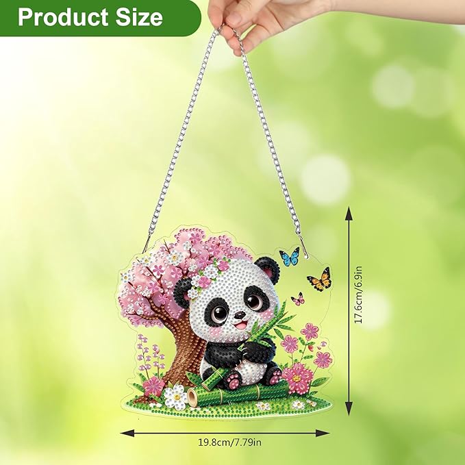 CEOVR Panda Diamond Painting Pendant, Animal Hanging Diamond Art for Adults, DIY Gem Art Wall Hanging Ornament, Acrylic Home Garden Decor with Chain, Box Kit 7.79×6.9inch