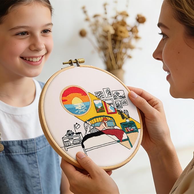 Embroidery Kits for Beginners Adults Sunrise Hand Embroidery Starter Kits, Cross Stitch Kits for Beginners DIY Craft Kits for Adults Women, Entire Set of Embroidery Supplies Full-length Video Tutorial