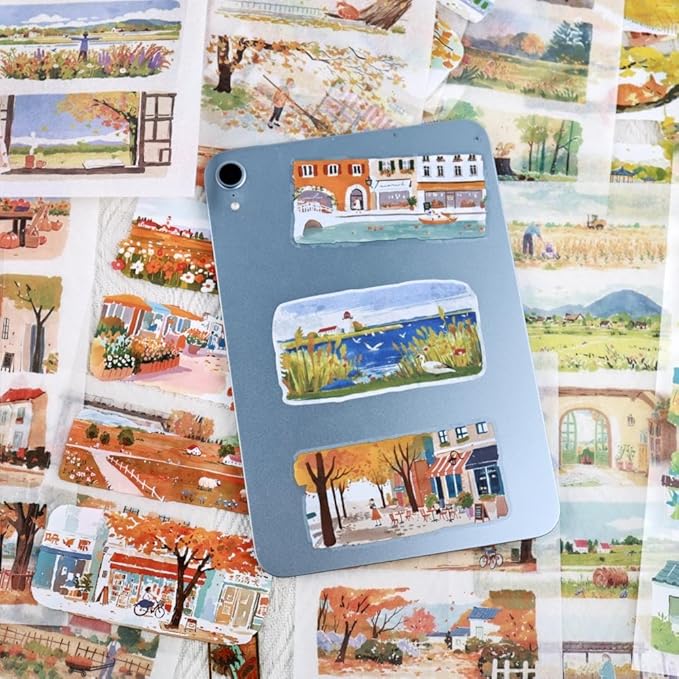 Journal Sticker Book for Junk Journaling, Transparent PET Seasons Landscape Stickers for Scrapbook Supplies, Scrapbooking, 20 Large Pre-Cut Stickers Sheets 9.25 x 6.65 inches
