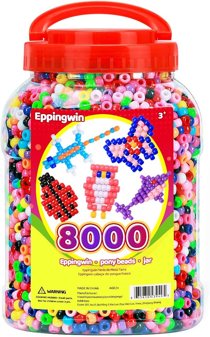 eppingwin 8000+pcs wholesale large pony beads (6x9 mm) bucket, easy storage kandi bead bulk, beads for jewelry making crafts (multi-colored)