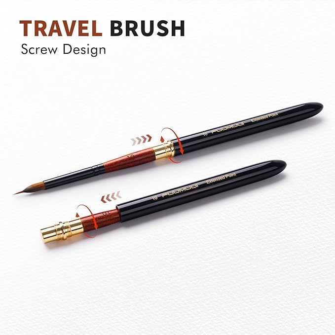 Fuumuui Travel Watercolor Brushes, 5Pcs Professional Plein Air Elegant Natural Squirrel Hair Travel Paint Brush Set with Sable Extended Needle Point Perfect for Watercolor Gouache Ink Painting