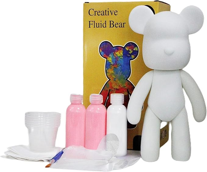 HANDA DIY Painting Fluid Bear Teddy Bear Painting Kit Set Creative Home Decorations Handmade Doll Figurine Toys Gift for Birthday Valentines (13.4 inch, Pink+White)