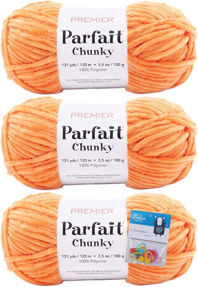 Premier Yarns Parfait Chunky Chenille Yarn 3.5 Oz 6 Super Bulky Weight 3 Pack Bundle with Bella's Stitch Place Holders (Tangerine)