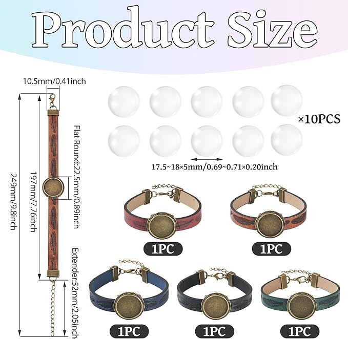 FASHEWELRY 5Pcs Adjustable Round Tray Bracelet Kits PU Leather Cord Bracelet Blanks Bezel Tray Settings with Round Glass Cabochons for Jewelry Making (Antique Bronze)