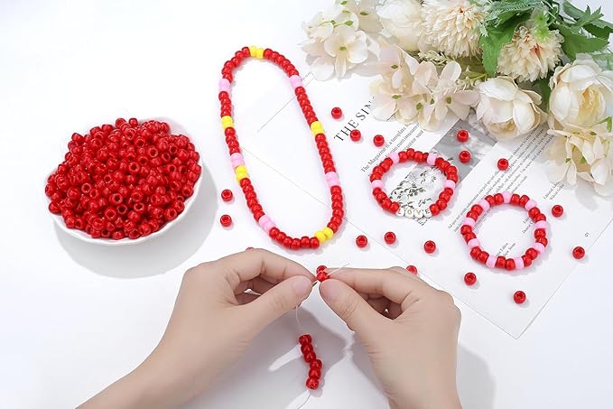 1000Pcs Red Pony Beads 6x9mm Perler Bulk Bead for Bracelets Crafts, Plastic Bead Kit, Hair Braids Kandi Beads for Necklace Keychain Jewelry Making(Red)