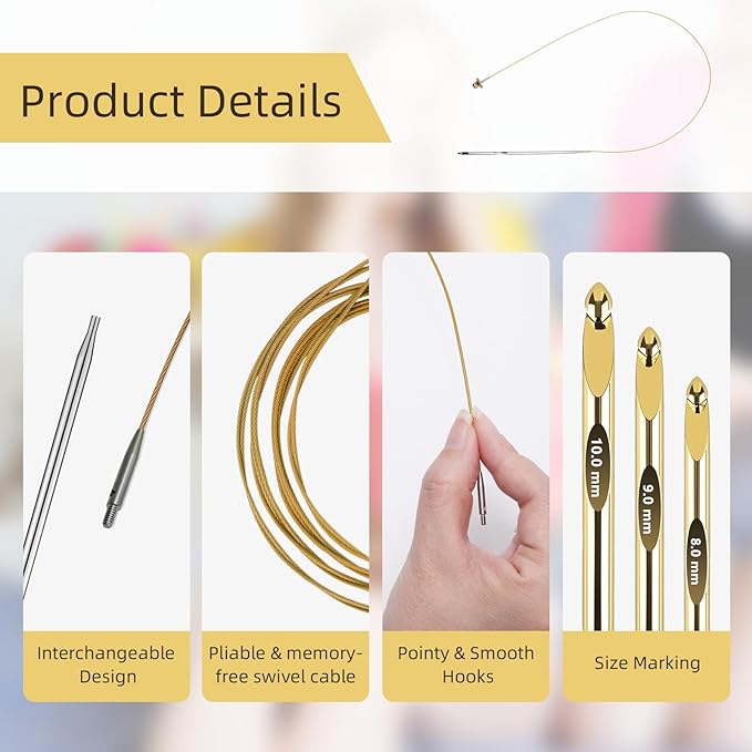 AIYUNDI Tunisian Crochet Hooks Set with Cable, 6-Inch Gold-Plated Aluminum Interchangeable Crochet Hooks 3mm-10mm, Long Crochet Hooks, Lightweight, Anti-Twist Swivel Cables, Ergonomic, Gold 26 PCS