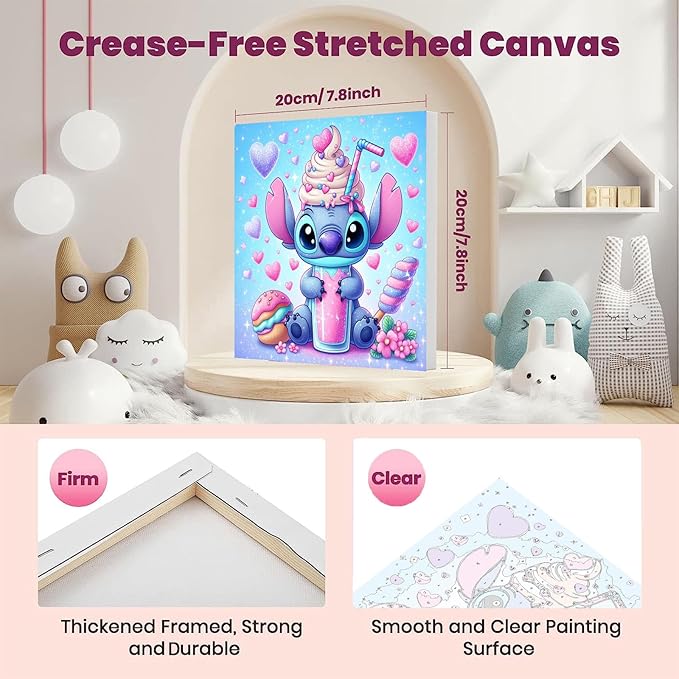 KOJEFCV 4 Pack Cartoon Paint by Numbers for Kids with Framed Canvas-with Wooden Easel, Paint by Number for Kids Ages 4-8-12, DIY Easy Acrylic Oil Painting Kits for Home Wall Decor (8X8inch)