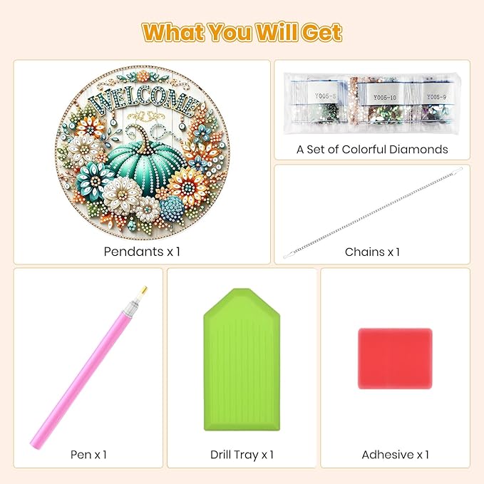 MOGTAA Fall Pumpkin Diamond Art Hanging Pendant Kits, Flowers Landscape Diamond Art Kits for Adults, 5D Special Shape Diamond Painting Gem Art for Home Garden Wall Decor