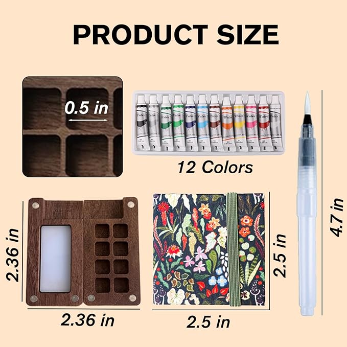 Aimery Mini Watercolor Paint Travel Set, Portable Small Miniature Pocket Water Color Painting Kit with Wooden Palette & Sketchbook(Rainforest)