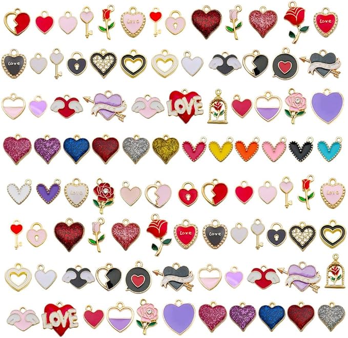 WOCRAFT 120pcs Assorted Enamel Bracelet Heart Rose Flower Charms for Jewelry Making Crafts,Valentine's Day Mother's Day Wedding Day Charms DIY Necklace Bracelet Keychain Crafting Kit (SN813)