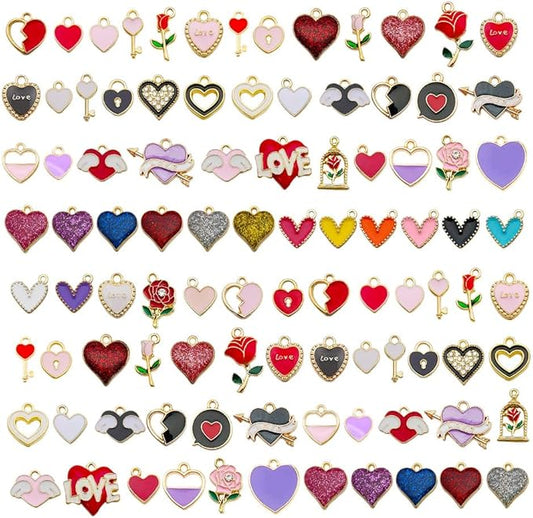 WOCRAFT 120pcs Assorted Enamel Bracelet Heart Rose Flower Charms for Jewelry Making Crafts,Valentine's Day Mother's Day Wedding Day Charms DIY Necklace Bracelet Keychain Crafting Kit (SN813)