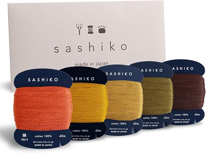 DARUMA Sashiko Thread 100% Cotton Card Type (43.7 yd) x 5 Colors with English Manual, Sewing & Embroidery Value Set with Gift Package(Thin, Kouyou)