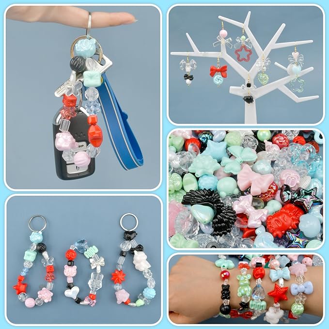 ABONDEVER 245-300Pcs Assorted Acrylic Beads for Bracelets Making kawaii Star Bow Flower Candy Heart Gummy Bear Butterfly Aesthetic Beads for DIY Jewelry Crafts Keychain Necklace Phone Charms(5 Colors)