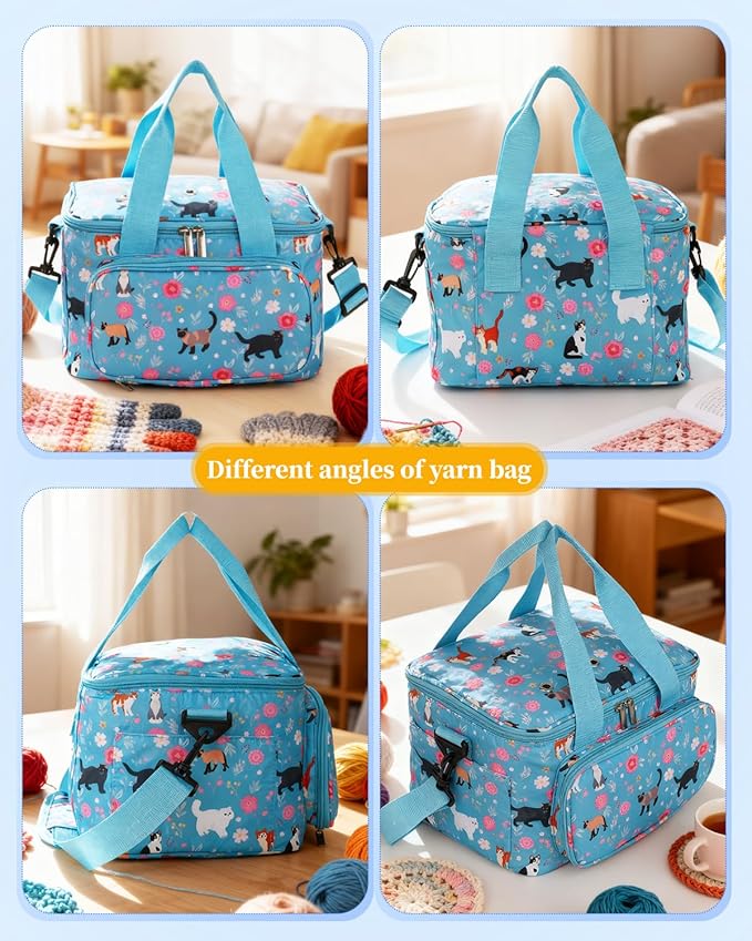 Aeelike Yarn Storage Organizer Travel Crochet Bag, Large Capacity Tote Bags Knitting Bag for Carrying Projects, Knitting Needles,Crochet Hooks and Yarn, Blue Cat Flower