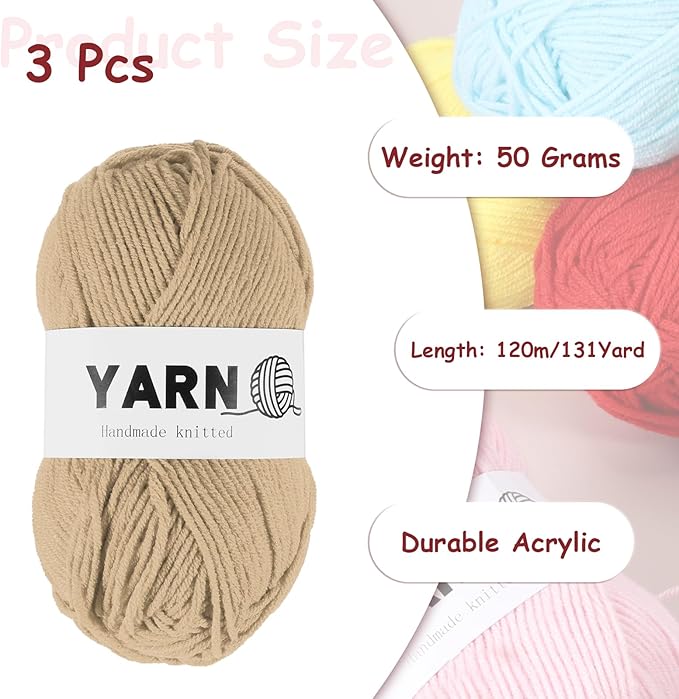3Pcs Light Brown Acrylic Yarn 400 Yard 4 Ply Soft Crochet Yarns Sport Weight Yarn,[for DIY Crocheting Knitting Craft Blankets Hats]-150g