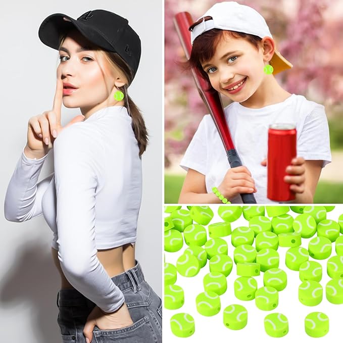 EVERMARKET 100pcs Tennis Ball Beads Polymer Clay Tennis Ball Beads Charms Spacer DIY Sports Bead for Necklace Bracelet Handmade Jewelry Making Accessories Supplies