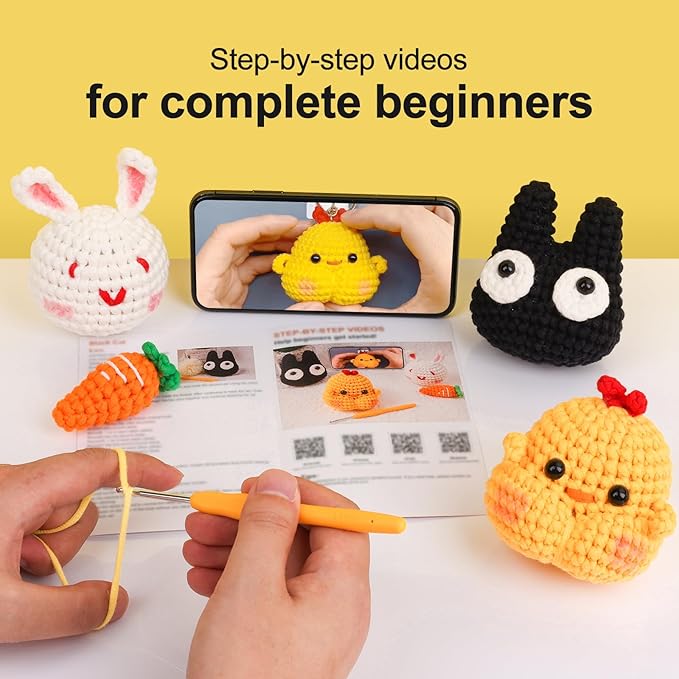 XSEINO Crochet Kit for Beginners,Crochet Start Kit with Step-by-Step Video Tutorials,Learn to Crochet Kit for Beginners - Cat,Chick,Rabbit,Carrot
