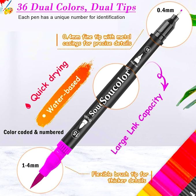 Soucolor Art Brush Markers Pens for Adult Coloring Books, 36 Colors Numbered Dual Tip (Brush and Fine Point) Marker Pen for Note taking Planner Hand Lettering Calligraphy Drawing Journaling